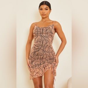 Nude Abstract Line Print Ruched Bodycon Dress
